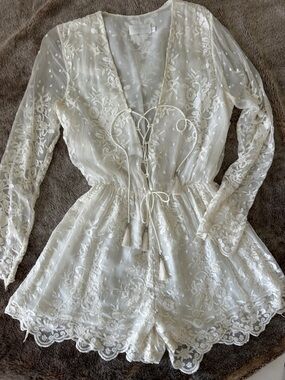 Zimmermann Ivory Embroidered Lace Tie-Front Silk Romper 1 US4